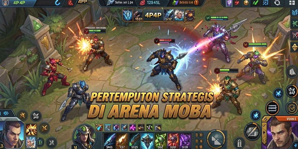 Tangkapan layar utama gameplay MOBA 4P4P yang menegangkan.