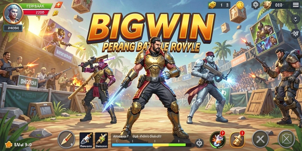 Screenshot utama BIGWIN menampilkan aksi seru di arena Battle Royale.