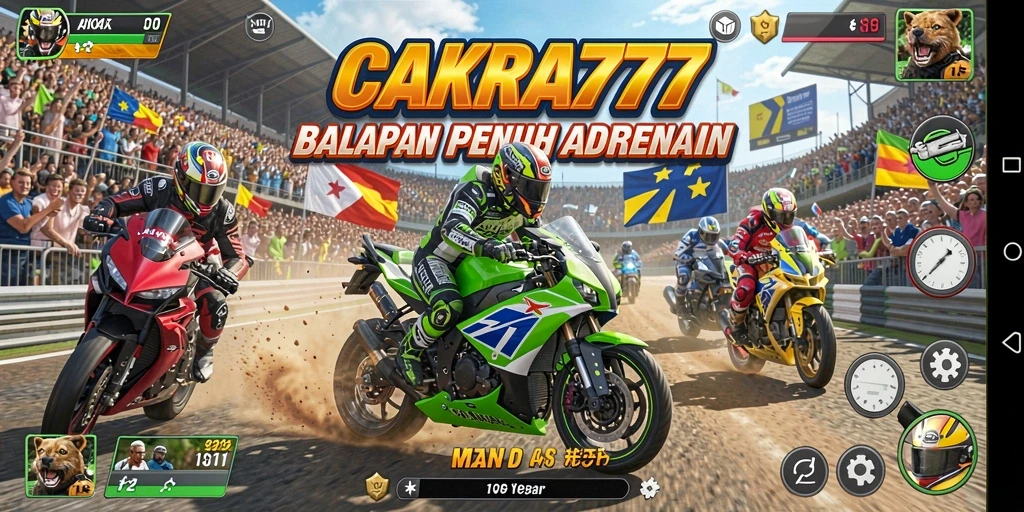 Screenshot utama CAKRA777 menampilkan aksi balapan motor yang mendebarkan.