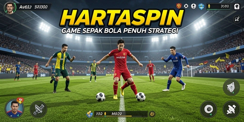 Screenshot HARTASPIN menampilkan aksi seru di lapangan sepak bola.