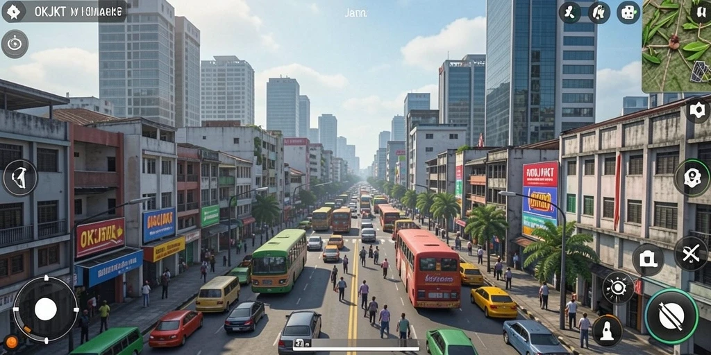 Screenshot gameplay OKJKT menampilkan kehidupan kota Jakarta yang dinamis.