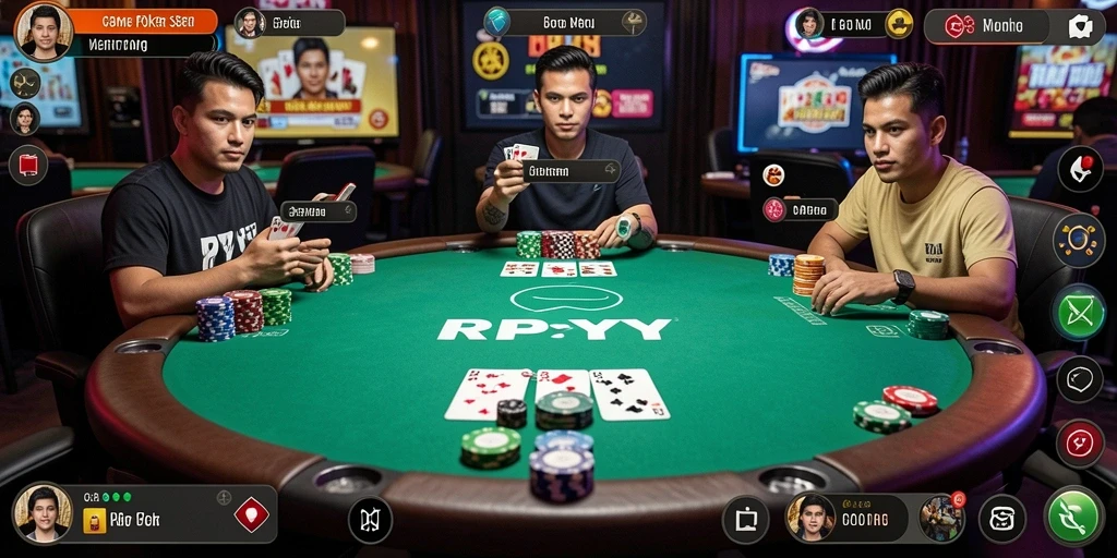 Tampilan gameplay menarik dari RPYYY dengan pemain Poker berkompetisi.
